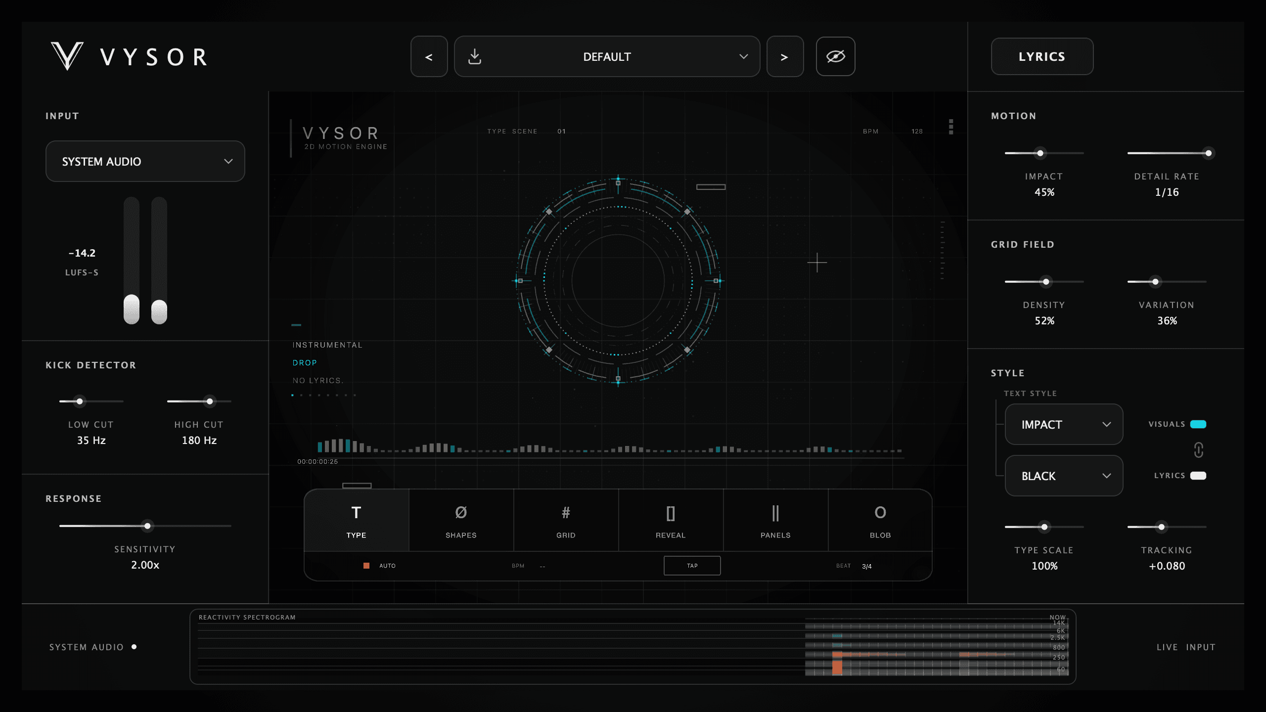 A lossless native VYSOR app capture with System Audio selected and its audio-reactive TYPE scene running