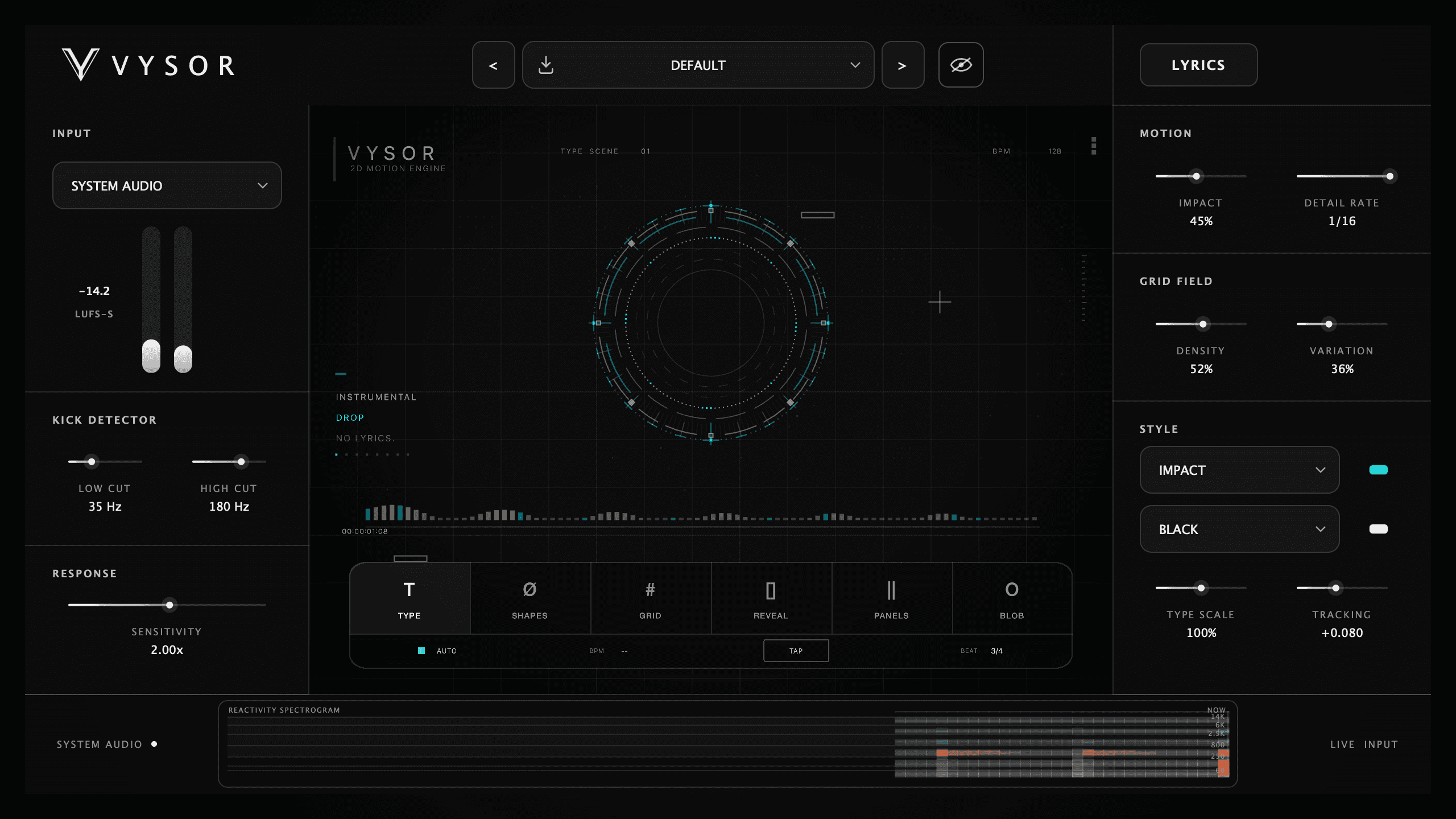 The real VYSOR standalone interface with System Audio and its audio-reactive TYPE scene running