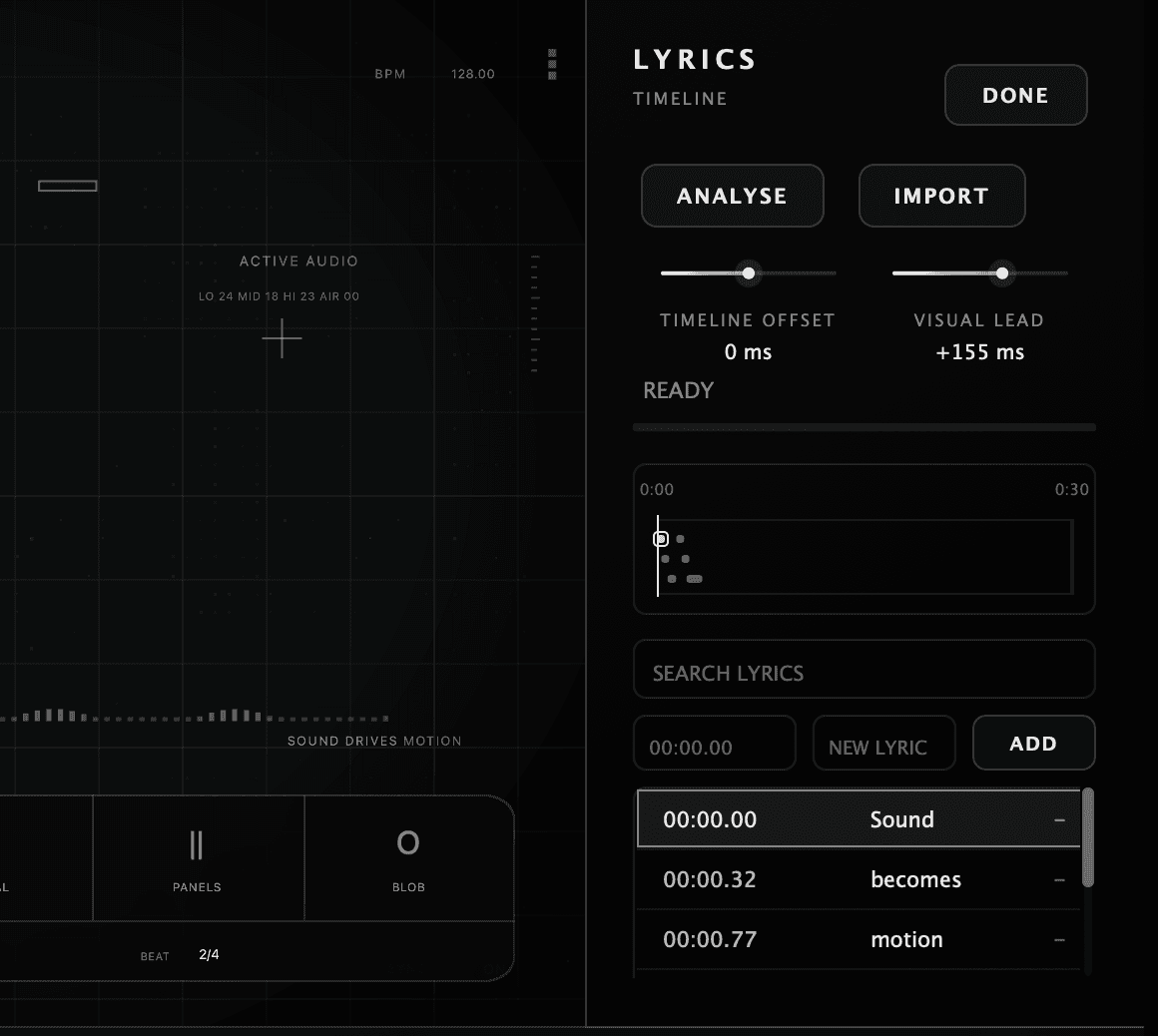 A focused real VYSOR capture showing the lyrics timeline, timing controls, and lyric entries