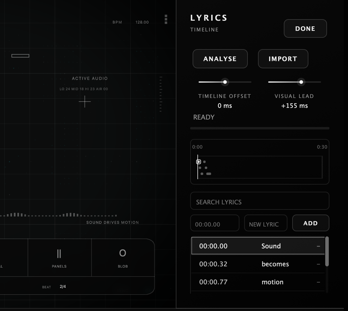 A focused real VYSOR capture showing the lyrics timeline, timing controls, and lyric entries